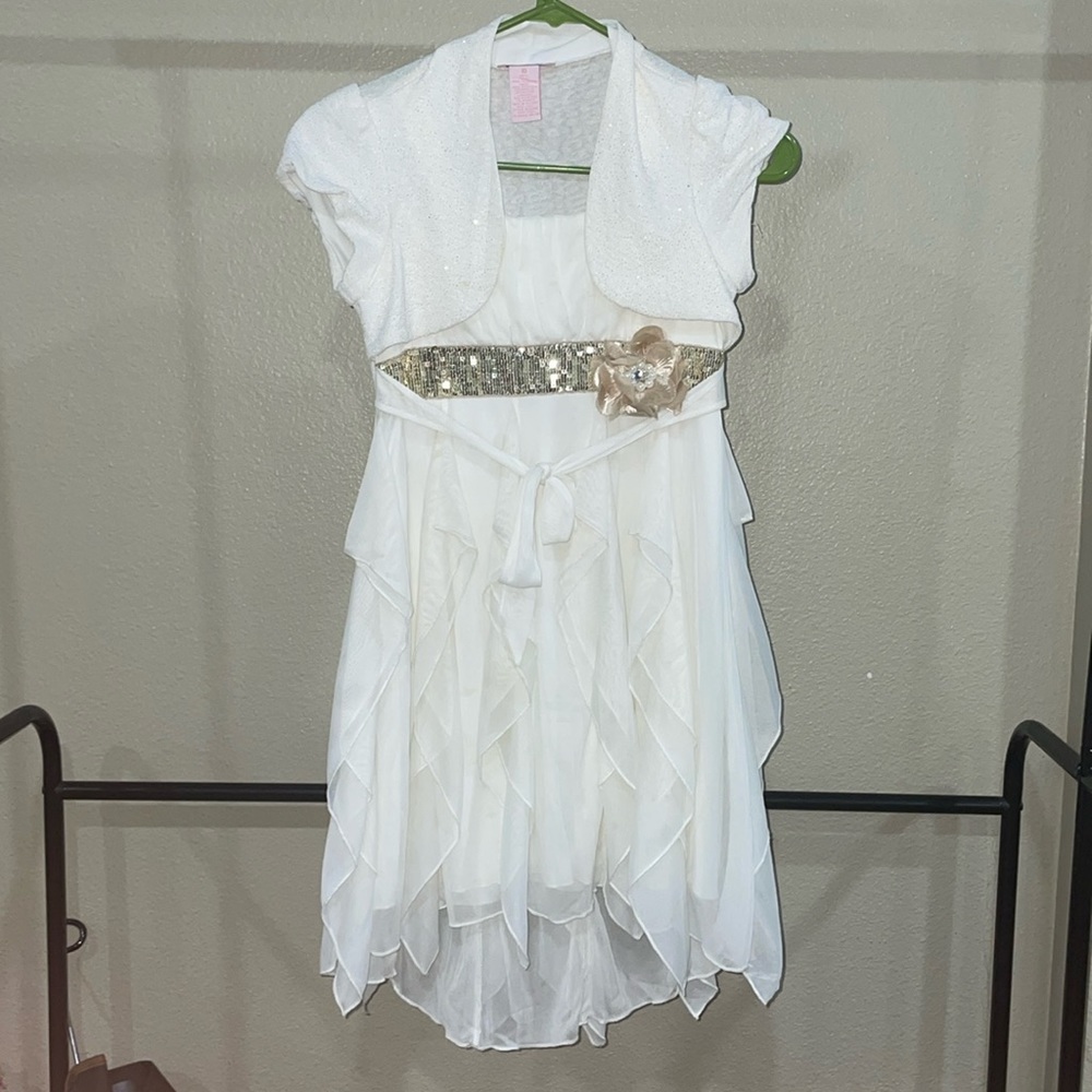 Candie’s Girl White and Golden Flower Belt Frill Dress